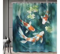 RDRUVA Koi Fish Shower Curtain Asian Japanese Art Bathroom Curtains Colorful Carp Lotus Leaf Pond Oriental Traditional Watercolor Ink Painting Bathtub Decor Include Hooks 70 x 70 in