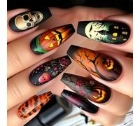 Rdxanc Lot de 24 ongles d'Halloween avec motifs citrouille, squelette et toile pour accessoires festifs