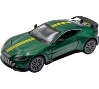 RE-EL TOYS | Aston Martin V12 Vantage 1:32 avec licence officielle, gardien et coffre ouvrant, mécanisme de rétrocharge pour le mouvement, boîte vitrine (Green/Yellow)