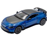 RE-EL TOYS | Aston Martin V12 Vantage 1:32 avec licence officielle, gardien et coffre ouvrant, mécanisme de rétrocharge pour le mouvement, boîte vitrine (bleu/noir)