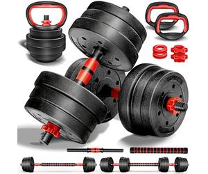 RE:SPORT Ensemble d’haltères 2 en 1 avec kettlebell 20 kg, réglables, haltères courts et longs, fermeture en étoile et tube de raccordement