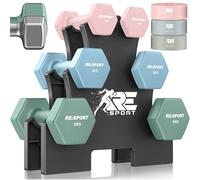 RE:SPORT® Ensemble d'haltères 3 paires, 1 kg - 5 kg, 12 kg ou 18 kg avec support et 3 bandes de fitness | Haltères courts en néoprène antidérapants pour femmes et hommes | Ensemble d'haltères (Rose