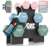 RE:SPORT® Ensemble d'haltères 3 paires, 1 kg - 5 kg, 12 kg ou 18 kg avec support et 3 bandes de fitness | Haltères courts en néoprène antidérapants pour femmes et hommes | Ensemble d'haltères (Rose