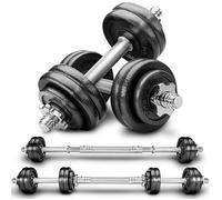 RE:SPORT Kit d'haltères 2-en-1 15kg | Ensemble modulable d'haltères en fonte | Haltères longs et courts | avec Barre de liaison