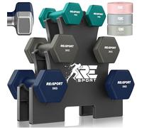 RE:SPORT® Lot de 3 paires d'haltères, 1 kg, 5 kg, 12 kg ou 18 kg, avec support et 3 bandes de fitness, en néoprène, antidérapants, pour homme et femme, turquoise, gris, bleu marine, 18 kg