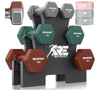 RE:SPORT® Lot de 3 paires d'haltères, 1 kg, 5 kg, 12 kg ou 18 kg, avec support et 3 bandes de fitness, en néoprène, antidérapants, pour homme et femme, bleu glacier, bleu pétrole/terre cuite, 18 kg