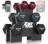RE:SPORT® Lot de 3 paires d'haltères, de 1 kg, 5 kg, 12 kg ou 18 kg, avec support et 3 bandes de fitness, en néoprène, antidérapants, pour homme et femme, magenta, gris brouillard, noir, 18 kg