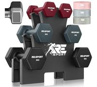 RE:SPORT® Lot de 3 paires d'haltères, de 1 kg, 5 kg, 12 kg ou 18 kg, avec support et 3 bandes de fitness, en néoprène, antidérapants, pour homme et femme, magenta, gris brouillard, noir, 12 kg