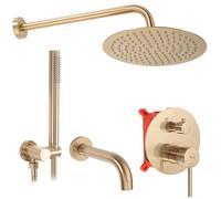 Rea Ensemble de Douche-Baignoire ENCASTRÉ Lungo Brush Gold + Box Système de Douche en Laiton Pour Salle de Bain (Or)