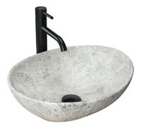 REA Lavabo en céramique - Forme ovale - 35 x 40 cm - Noir marbré - Robinetterie de salle de bain