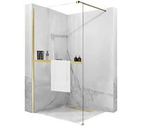 Rea Paroi de douche Aero Gold Brush N 90 Walk In avec étagère EVO Verre de sécurité trempé transparent 8 mm (Or)