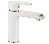 Rea ROBINET DE LAVABO BLOOM WHITE GOLD BAS Mitigeur Salle de Bain en Laiton Monocommande Chaude et Froide Réglable Robinet de Lavage à la Main (blanc/or)