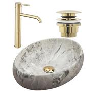 Rea Set Vasque à poser Linda stone + Robinet de lavabo Lungo gold + Bonde gold, Idéale Comme Lavabo Ou Lave-Main Pour WC, Design Unique