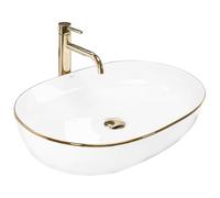 Rea Vasque à poser en céramique CLEO White Gold Edge Lavabo Salle de Bain 605 x 410 x 140 mm en Céramique (Blanc/doré)