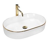 Rea Vasque à poser en céramique Nadia White Gold Edge Lavabo Salle de Bain 610 x 385 x 120 mm en Céramique (Blanc/doré)