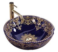 Rea Vasque à poser Marina Blue Lavabo Salle de Bain 425 x 425 x 150 mm en Céramique (bleu/or)