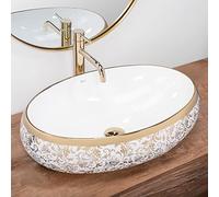 Rea Vasque à poser Melania Meryl Lavabo Salle de Bain 600 x 405 x 145 mm en Céramique (Blanc/doré)