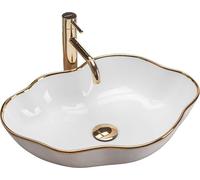 Rea Vasque à poser Pearl Gold Edge Lavabo Salle de Bain 515 x 375 x 135 mm en Céramique (Blanc/doré)