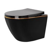 Rea WC suspendu CARLO Mini sans rebord Duroplast plat noir bord doré en céramique sanitaire de salle de bain siège Duroplast (noir mat)