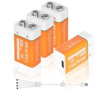 REACELL 4Pack 9V Piles Rechargeables avec 4 in 1 USB-C Câble | lithium 9 volt batterie pour détecteurs de fumée, guitares électriques, microphones, talkies-walkies| Indicateur LED