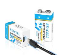 REACELL 9V Rechargeable 1300mAh Lithium Batterie avec USB-C Câble pour Détecteur de Fumée, Sirènes, Microphones, Multimètres (2 Pack) (9V)