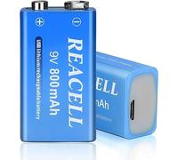 REACELL 9V Rechargeables par USB, 800mAh Piles 9V Lithium Rechargeable Batteries 9 Volt Longue Duréé pour Détecteur de Fumée, Microphone- Lot de 2 Piles
