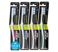 REACH Essential Care Brosse à dents interdentaire à poils durs, Lot de 4 brosses, Tête complète, Brosse à dents manuelle, Couleurs assorties, Soin quotidien des dents et de l'émail