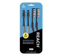 Reach Lot de 6 brosses à dents au design avancé avec capuchon de brosse à dents, col coudé, poils souples à deux niveaux, poignée profilée, gratte-langue