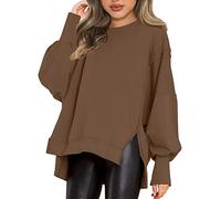 ReachMe Chandail surdimensionné à col ras du cou pour femme, décontracté à manches longues, pull ample avec fentes latérales, 02 Marron, Medium