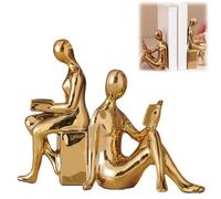 Reading Bookends Sculpture,Ceramic Modern Book Ends for Shelves,2-in-1 Art Decorative Bookends Statues,Aesthetic Book Stopper Reading Book Holders for Bookshelf,Home,Office Decor (Gold)