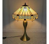 Reading Lamp Table Lamp 16 inch Stained Glass Yellow Hexagon Lampshade Wrought Iron Base Retro Desk Light for Bedroom Living Room Study Office