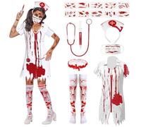READREAM Halloween Costume Infirmière Sanglante, Déguisement Infirmière Femme Zombie, Halloween Déguisement Sanglant Infirmière Costume, Tenue Effrayante Femme pour Halloween Carnaval Fête Cosplay
