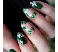 Ready Presses on Nails Lot de 24 ongles verts pailletés et motif trèfles pour célébrations ajoutant charme et fortune