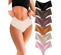 READY TO LOVE Lot de 6 strings sans couture pour femme - Taille haute - Sans couture - String - Taille haute - Invisible - Bords ondulés - Pour femme, (Noir, gris moka, fuchsia, jaune brique, abricot