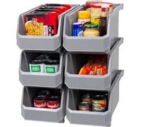 ReadySpace Lot de 6 bacs en plastique pour organisation et rangement pour placard, cuisine, bureau, garage ou garde-manger, bacs empilables (38 x 20 x 18 cm), gris