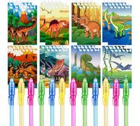 REAGAR Lot de 24 cadeaux de fête dinosaures, 12 stylos à encre invisible UV et 12 carnets de notes dinosaures, cadeaux d'anniversaire pour enfants