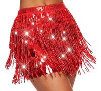 Reaky Red Sequin Skirt Fringe Belly Dance Skirts Mermaid Costume for Women