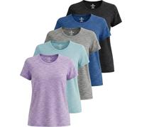 Real Essentials Lot de 5 : T-Shirt de Sport à Manches Courtes et col Rond Dry Fit Tech Stretch pour Femme (Grandes Tailles Disponibles), Set 1, Taille M