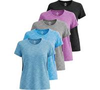 Real Essentials Lot de 5 : T-Shirt de Sport à Manches Courtes et col Rond Dry Fit Tech Stretch pour Femme (Grandes Tailles Disponibles), Set 4, Taille S