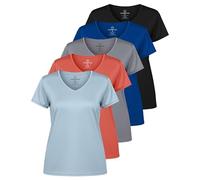 Real Essentials Lot de 5 t-Shirts de Sport à Manches Courtes et col en V pour Femme, Tissu Dry-Fit avec évacuation de l'humidité (Disponible en Grande Taille), Taille S