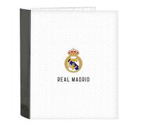 Real Madrid 1ère équipe 24/25 Classeur à 4 anneaux, idéal pour les enfants de différents âges, confortable et polyvalent, qualité et résistance, 27 x 6 x 33 cm, Blanc/gris