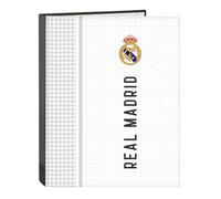 Real Madrid 1ère équipe 24/25 Classeur avec feuilles 4 anneaux, idéal pour enfants de différents âges, confortable et polyvalent, qualité et résistance, 26,5 x 33 cm, Blanc/gris