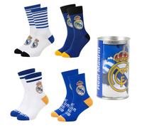 Real Madrid Chaussettes pour Garçon, Lot de 4 Paires de Chaussettes en Coton, Tirelire Cadeau Incluse, Tailles EU 27 à 38 (FR/ES, Numérique, 31, 34, Taille normale, Bleu)