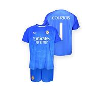 Real Madrid Ensemble de gardien de but pour enfant Courtois 25/26 Bleu (maillot + pantalon) | Réplique officielle | Nom Courtois et dos 1, tailles 6 à 14 ans, bleu, 12 ans