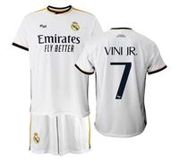 Real Madrid Ensemble de maillot et short domicile Real Madrid pour enfants, saison 2023-2024, Vini Jr 7 - Réplique officielle avec licence officielle, blanc, 4 ans