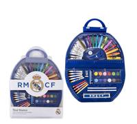 Real Madrid Ensemble de papeterie coloré - Trousse scolaire complète pour enfants avec marqueurs, crayons de couleur et accessoires officiels du club blanc pour dessin et coloriage, 50 pièces Real