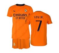 Real Madrid - Maillot de Foot Ensemble maillot et pantalon saison 24/25, Vini Jr., enfants 8 ans, réplique avec licence officielle, orange, 8 ans