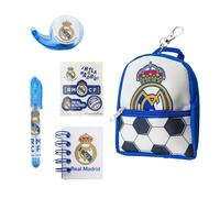 Real Madrid Mini Coffret de Papeterie, Comprenant Stylo, Porte-Clés Mini Sac à Dos, Carnet, Autocollants et Ruban Adhésif Décoratif, pour Les Garçons