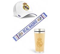 Real Madrid Pack casquette, écharpe et thermos officiels. Combinaison idéale pour montrer votre passion madridiste avec style et fonctionnalité.
