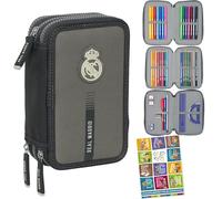 Real Madrid - Trousse à 3 compartiments - Trousse pour filles et garçons - Trousse à 3 compartiments - Trousse d'écolier remplie de 37 pièces - Trousse scolaire et cahier de devoirs, Noir , 12,5 x 5,5
